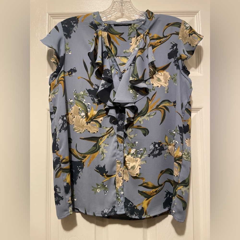 T Tahari Blue and Yellow Floral Ruffle Blouse